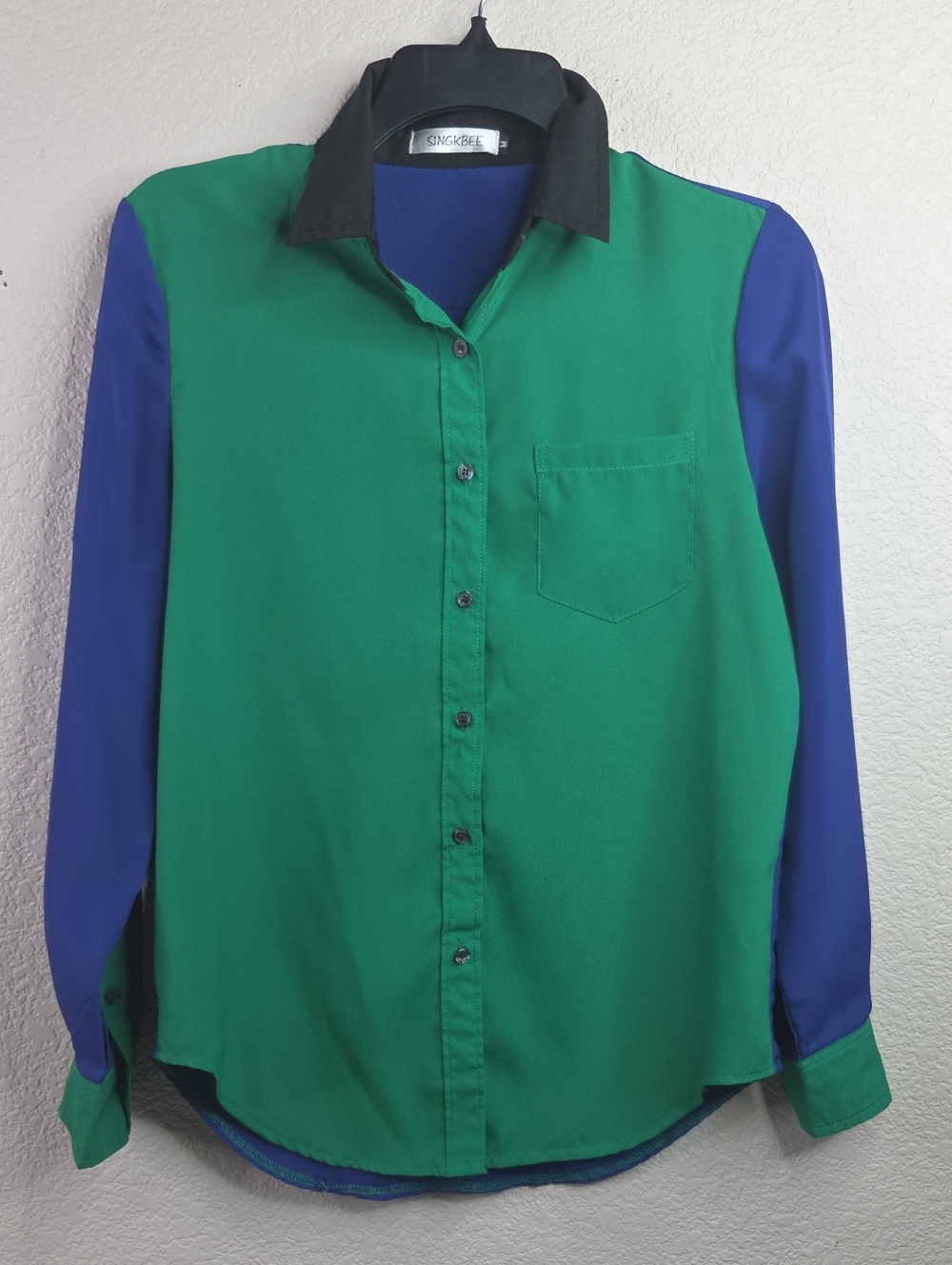 Green and Blue Colorblock Women's Long Sleeve Button-Up Shirt